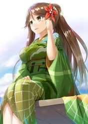 Rule 34 | 10s, 1girl, amagi (kancolle), breasts, brown eyes, brown hair, cloud, female focus, floral print, flower, flower on head, from below, furisode, hair between eyes, hair flower, hair ornament, himonoata, japanese clothes, kantai collection, kimono, large breasts, long hair, looking away, mole, mole under eye, open mouth, ruffling hair, sitting, sky, solo, wide sleeves