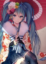 Rule 34 | 1girl, black thighhighs, blue eyes, blue hair, blue skirt, blush, bow, closed mouth, commentary request, floral print, flower, green flower, hair between eyes, hair flower, hair ornament, hatsune miku, japanese clothes, kimono, long hair, long sleeves, looking at viewer, pink flower, pleated skirt, print kimono, shiomizu (swat), sitting, skirt, smile, solo, striped, striped bow, thighhighs, twintails, very long hair, vocaloid, white flower, white kimono, wide sleeves, yagasuri, yellow flower