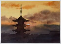 Rule 34 | architecture, building, cloud, cloudy sky, day, east asian architecture, highres, orange sky, original, pagoda, painting (medium), sky, sunlight, sunset, tlctm7h8wdwnthx, traditional media, watercolor (medium)