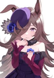 Rule 34 | 1girl, animal ears, bare shoulders, blush, breasts, brown hair, closed mouth, dress, flower, fur choker, hair over one eye, hands up, hat, hat flower, highres, horse ears, kmoe, long hair, long sleeves, looking away, off-shoulder dress, off shoulder, purple dress, purple eyes, purple hat, rice shower (umamusume), small breasts, solo, tearing up, umamusume, upper body, white background