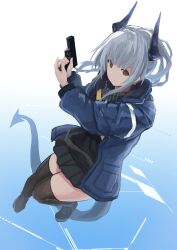 Rule 34 | 1girl, arknights, arms up, black horns, black scarf, black shirt, black skirt, black thighhighs, blue background, blue horns, blue jacket, blue tail, brown eyes, closed mouth, commentary request, dragon girl, dragon horns, dragon tail, full body, gradient background, grey hair, gun, handgun, highres, holding, holding gun, holding weapon, horns, jacket, liskarm (arknights), long sleeves, looking at viewer, medium hair, miniskirt, open clothes, open jacket, partial commentary, pleated skirt, scarf, sentou kouhei kitsune, shirt, skirt, solo, tail, thighhighs, trigger discipline, weapon, white background