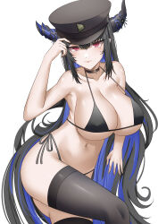 Rule 34 | 1girl, absurdres, bikini, black bikini, black choker, black hair, black nails, black thighhighs, blue hair, choker, closed mouth, colored inner hair, demon horns, hat, highres, hololive, hololive english, horns, looking at viewer, mole, mole under eye, multicolored hair, navel, nerissa ravencroft, peaked cap, rebelium, red eyes, simple background, solo, stomach, strap gap, swimsuit, thighhighs, two-tone hair, virtual youtuber, white background