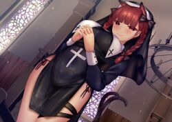 Rule 34 | 1girl, alternate costume, animal ears, blunt bangs, bow, breasts, cat ears, cat tail, church, closed mouth, dutch angle, extra ears, hair bow, hood, indoors, kaenbyou rin, large breasts, multiple tails, nekomata, nun, own hands together, red eyes, red hair, shounen (hogehoge), smile, solo, stained glass, tail, touhou, two tails, variant set