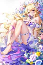 Rule 34 | 1girl, ass, bare legs, bare shoulders, barefoot, blonde hair, breasts, dorsiflexion, feet, flower, full body, holding, holding flower, large breasts, long hair, looking at viewer, medium breasts, no bra, no shoes, original, presenting foot, red eyes, toes, very long hair, yellow eyes, yue xiao e