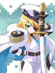 Rule 34 | blonde hair, grand admiral marina, green eyes, guardian tales, hat, highres, holding, holding sword, holding weapon, one eye covered, solo, suikabo, sword, weapon