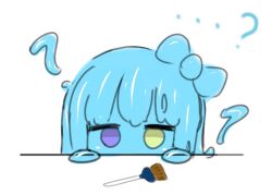 Rule 34 | 1girl, ?, blue hair, blue sclera, blue skin, bow, colored sclera, colored skin, curss, green eyes, hair bow, heterochromia, monster girl, original, peeking out, simple background, slime girl, solo, white background