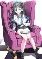 Rule 34 | 1girl, :d, absurdres, aris (blue archive), armchair, black hair, black hairband, black skirt, black socks, blue archive, blue eyes, blue necktie, chair, checkered floor, collared shirt, commentary request, full body, hair between eyes, hairband, halo, highres, jacket, long hair, long sleeves, looking at viewer, necktie, nintendo switch, no shoes, off shoulder, on chair, one side up, open clothes, open jacket, open mouth, panties, pizzasi, pleated skirt, shirt, sitting, skirt, sleeves past wrists, smile, socks, solo, underwear, very long hair, white background, white jacket, white panties, white shirt