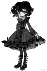 Rule 34 | 1girl, black footwear, black hair, black thighhighs, blush stickers, colored skin, commission, dress, frilled dress, frilled sleeves, frills, full body, grey dress, greyscale, hand on own cheek, hand on own face, highres, leg belt, meyou 0319, monochrome, original, short hair, smile, solo, standing, thighhighs, white background, white skin