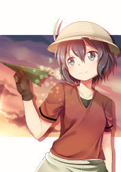 Rule 34 | 10s, 1girl, black eyes, black gloves, black hair, bucket hat, cloud, collarbone, commentary, dot nose, evening, gloves, hair between eyes, hat, hat feather, highres, kaban (kemono friends), kemono friends, looking away, paper airplane, red shirt, sandstar, shirt, short hair, short sleeves, smile, solo, upper body, yasume yukito