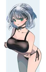 Rule 34 | 1girl, absurdres, arms under breasts, bikini, black bikini, black camisole, black choker, blue background, blue ribbon, blush, braid, breast rest, breasts, camisole, choker, cleavage, collarbone, commentary, cowboy shot, crossed arms, english commentary, eyelashes, french braid, goro desu, green eyes, hair ribbon, highres, hololive, hololive fantasy, large breasts, leaning forward, looking at viewer, official alternate costume, parted lips, ribbon, shirogane noel, short hair, side-tie bikini bottom, signature, silver hair, simple background, snowflake choker, solo, standing, string bikini, swimsuit, thighs, virtual youtuber, white background