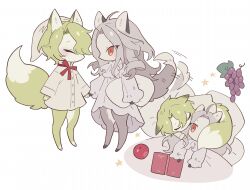 Rule 34 | 2boys, animal ears, apron, book, closed eyes, collared shirt, ensemble stars!, facing another, food, fox boy, fox ears, fox tail, fruit, full body, furrification, furry, furry male, grapes, green fur, green hair, grey fur, grey hair, holding, holding hands, holding pillow, long hair, long sleeves, looking at another, male focus, meremero, multiple boys, multiple views, orange eyes, pillow, profile, ran nagisa, red apron, red ribbon, ribbon, shirt, short hair, simple background, sleeping, standing, star (symbol), tail, tail wagging, tomoe hiyori, under covers, white background, white shirt