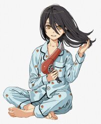 Rule 34 | 1girl, barefoot, black hair, blue pajamas, chainsaw man, collarbone, commentary, english commentary, eyelashes, feet, film grain, floating hair, full body, grey background, hair between eyes, hair dryer, hands up, holding, long hair, long sleeves, looking at viewer, nayuta (chainsaw man), pajamas, parted lips, ringed eyes, shiren (ourboy83), sitting, solo, toenails, toes, yellow eyes