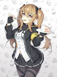 Rule 34 | + +, 1girl, 404 logo (girls&#039; frontline), :3, armband, black gloves, black ribbon, black skirt, breasts, brown eyes, brown hair, cake, cake slice, commentary, eating, english commentary, fingerless gloves, food, food-themed background, food on face, fork, girls&#039; frontline, gloves, hair between eyes, hair ornament, hairclip, holding, holding fork, holding plate, jacket, liem (zero854), light blush, long hair, looking at viewer, medium breasts, pantyhose, plate, pleated skirt, ribbon, scar, scar across eye, shirt, skirt, smile, thigh strap, twintails, ump9 (girls&#039; frontline), white shirt, yellow armband