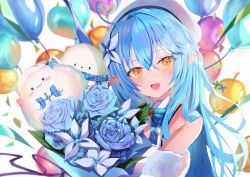 Rule 34 | 1girl, :d, absurdres, ahoge, balloon, beret, blue bow, blue bowtie, blue flower, blue hair, blue rose, bouquet, bow, bowtie, commentary request, daifuku (yukihana lamy), elf, flower, hair between eyes, hair flower, hair ornament, half updo, hat, heart, heart ahoge, heart balloon, highres, hololive, long hair, looking at viewer, mugicho (kdks5554), multicolored hair, open mouth, pointy ears, rose, smile, solo, streaked hair, upper body, virtual youtuber, white flower, white hat, yellow eyes, yukihana lamy, yukimin (yukihana lamy)