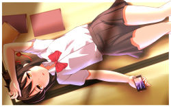 Rule 34 | 10s, 1girl, arm at side, arm up, blush, book, bow, bowtie, brown eyes, brown hair, brown skirt, cellphone, collared shirt, comet, commentary, hair tie, hand on own head, holding, holding phone, kimi no na wa., light blush, lying, miyamizu mitsuha, on back, parted lips, partially unbuttoned, phone, pocket, red ribbon, ribbon, school uniform, shirt, short ponytail, short sleeves, skirt, sky, smartphone, solo, tatami, twinpon, white shirt, wing collar