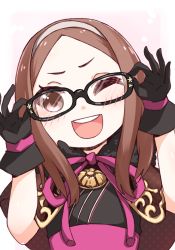 Rule 34 | 1girl, blush, brown hair, capelet, chacha (fate), fate/grand order, fate (series), glasses, gloves, hairband, long hair, one eye closed, ribbon, wink