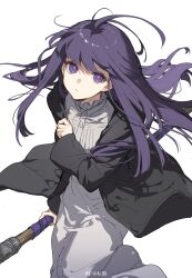 Rule 34 | 1girl, black jacket, blunt bangs, chinese commentary, closed mouth, cowboy shot, dress, eyelashes, fern (sousou no frieren), fingernails, highres, holding, holding staff, jacket, looking at viewer, purple eyes, purple hair, sidelocks, simple background, snowcake47, solo, sousou no frieren, staff, white background, white dress