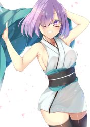 Rule 34 | 1girl, armpits, ashino, bare arms, bare shoulders, black-framed eyewear, black sash, blush, bob cut, breasts, cherry blossoms, commentary, cosplay, cowboy shot, falling petals, fate (series), grin, hair over one eye, japanese clothes, kimono, legs together, light purple hair, looking at viewer, mash kyrielight, matching hair/eyes, medium breasts, no bra, obi, okita souji (fate), okita souji (koha-ace), okita souji (koha-ace) (cosplay), petals, purple eyes, purple hair, raised eyebrow, sash, short hair, short kimono, sideboob, simple background, single eye, sleeveless, sleeveless kimono, smile, solo, thighhighs, white background, white kimono, zettai ryouiki