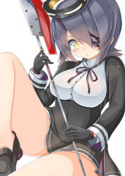 Rule 34 | 1girl, alternate costume, bare legs, black gloves, blush, breasts, comic, cosplay, eyepatch, glaive (polearm), gloves, halo, headgear, hidaka0503, highres, holding, holding weapon, kantai collection, long sleeves, looking at viewer, mechanical halo, open mouth, polearm, purple hair, ribbon, school uniform, shoes, short hair, simple background, skirt, solo, tatsuta (kancolle), tatsuta (kancolle) (cosplay), tenryuu (kancolle), thighs, weapon, white background, yellow eyes