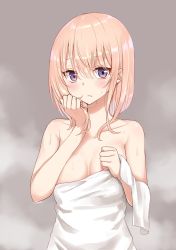 Rule 34 | 1girl, bare arms, bare shoulders, blush, breasts, closed mouth, collarbone, commentary request, hair between eyes, highres, light brown hair, long hair, looking at viewer, medium breasts, naked towel, original, piripun, purple eyes, solo, steam, towel, upper body, wet