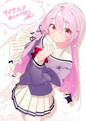 Rule 34 | 1girl, benio (dontsugel), blush, bow, bowtie, engage kiss, from above, hair between eyes, hair ribbon, kisara (engage kiss), looking at viewer, official art, pink hair, pleated skirt, purple ribbon, red bow, red bowtie, red eyes, ribbon, school uniform, signature, skirt, solo, white skirt