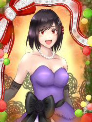 Rule 34 | 1girl, :d, alternate costume, black gloves, black hair, black ribbon, brown eyes, christmas, christmas lights, collarbone, dress, elbow gloves, gloves, gown, haguro (kancolle), hair ornament, highres, jewelry, kantai collection, looking at viewer, necklace, open mouth, pearl necklace, purple dress, ribbon, short hair, smile, solo, strapless, strapless dress, suuyu siba, traditional media, twitter username