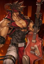 Rule 34 | 1boy, abs, bara, belt, biceps, brown hair, feet out of frame, fingerless gloves, gloves, guilty gear, guitar, headband, instrument, jacket, large pectorals, leather, leather belt, leather jacket, loincloth, long hair, male focus, manly, mature male, muscular, muscular male, na insoo, orange eyes, pants, pectorals, ponytail, sol badguy, solo, spiked hair, thick arms, thick thighs, thighs, tight clothes, veins, veiny arms