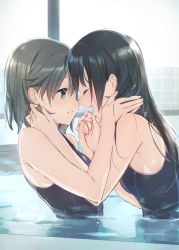 Rule 34 | 2girls, bare arms, bare shoulders, black hair, black one-piece swimsuit, blue eyes, blue one-piece swimsuit, breasts, brown hair, closed eyes, couple, face-to-face, female focus, from side, hand on another&#039;s face, hands on another&#039;s face, happy, holding hands, indoors, laughing, light brown hair, long hair, looking at another, multiple girls, one-piece swimsuit, open mouth, original, parted lips, partially submerged, pool, round teeth, short hair, small breasts, smile, swimsuit, teeth, upper body, water, weee (raemz), wet, wet clothes, yuri