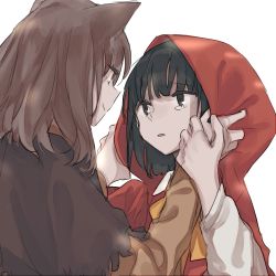 Rule 34 | 2girls, animal ears, big bad wolf, black hair, brown hair, eye contact, hands on another&#039;s face, hood, inuko (ink0425), little red riding hood, little red riding hood (grimm), looking at another, medium hair, multiple girls, personification, smile, upper body, wolf ears, yuri