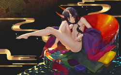Rule 34 | 1girl, alcohol, bare shoulders, barefoot, black background, bob cut, breasts, closed mouth, collarbone, cup, eyeliner, fate/grand order, fate (series), feet, gradient background, head tilt, headpiece, highres, horns, japanese clothes, kimono, knee up, legs, long sleeves, looking at viewer, makeup, oni, open clothes, open kimono, oversized object, purple eyes, purple hair, purple kimono, ray (nagaseray), revealing clothes, sakazuki, sake, short eyebrows, short hair, shuten douji (fate), sitting, skin-covered horns, small breasts, solo, wide sleeves