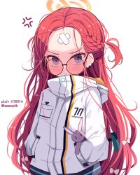 Rule 34 | 1girl, anger vein, bandaid, bandaid on face, bandaid on forehead, blue archive, blue eyes, bow, braid, closed mouth, hair bow, halo, hands in pockets, highres, jacket, long hair, long sleeves, looking at viewer, pink bow, pixiv id, red hair, round eyewear, simple background, solo, sseopik, sun, twitter username, very long hair, white background, white jacket, yuzu (blue archive)