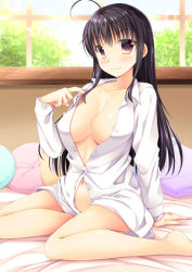 Rule 34 | 1girl, ahoge, ameya kirika, areola slip, barefoot, bed, bottomless, breasts, brown eyes, collarbone, dress shirt, indoors, large breasts, long hair, long sleeves, looking at viewer, naked shirt, no bra, on bed, open clothes, open shirt, original, pillow, shirt, sitting, solo, undressing, white shirt