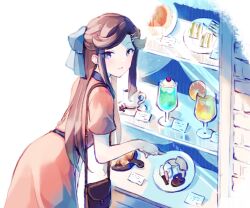 Rule 34 | 1girl, bag, baumkuchen, blue bow, bow, brown hair, cherry, chocolate, coffee, coffee beans, coffee mug, cowboy shot, cup, dress, drinking glass, food, from behind, fruit, frying pan, hair bow, hair ornament, half updo, hand up, handbag, hurricane glass, ice, ice cube, leaning forward, light blush, long hair, looking at viewer, looking back, mug, orange (fruit), orange dress, orange slice, outdoors, parted bangs, parted lips, plate, pointing, purple eyes, sandwich, saucer, shop, short sleeves, shoujo kageki revue starlight, shoulder bag, smile, solo, standing, storefront, sweets, tendou maya, tropical drink, wato (ko), whipped cream, white background, window, x hair ornament