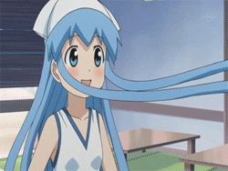 Rule 34 | animated, animated gif, blue eyes, blue hair, dress, eating, hat, ikamusume, long hair, lowres, shinryaku! ikamusume, tentacle hair
