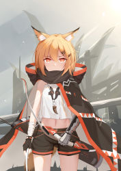 Rule 34 | 1girl, absurdres, animal ears, arknights, arm wrap, arrow (projectile), bad id, bad pixiv id, black cloak, black gloves, black scarf, black shorts, blouse, bow, bow (weapon), chinese commentary, cloak, commentary request, cowboy shot, crop top, fox ears, fox tail, gloves, hair ornament, hairclip, highres, holding, holding bow (weapon), holding weapon, hood, hood down, hooded cloak, looking at viewer, midriff, necklace, notched ear, orange eyes, orange hair, originium (arknights), outdoors, prosthesis, prosthetic arm, quiver, scarf, shenhai xianyu fan, shirt, short hair, shorts, single glove, solo, standing, straight-on, tail, tooth necklace, vermeil (arknights), weapon, white shirt