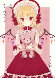 Rule 34 | 1girl, blonde hair, blush, bonnet, border, bow, commentary request, cowboy shot, crystal, dress, flandre scarlet, hat, hat bow, holding, holding stuffed toy, honotai, long hair, looking at viewer, one side up, outside border, pink background, pointy ears, polka dot, polka dot background, red bow, red dress, red eyes, shirt, short sleeves, solo, standing, stuffed animal, stuffed toy, teddy bear, touhou, white border, white shirt, wings