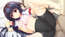 Rule 34 | 1boy, 1girl, asami asami, ass, barefoot, bed, bed sheet, bike shorts, black hair, blush, bra, grabbing another&#039;s breast, breasts, cleavage, faceless, faceless male, feet, game cg, grabbing, gym uniform, hetero, himekawa honami, large breasts, leg up, legs, long hair, looking at viewer, lying, on side, pillow, pretty x cation 2, red eyes, sheet grab, solo focus, thighs, toes, underwear