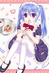 Rule 34 | 1girl, :o, blue hair, bow, checkerboard cookie, cookie, cup, food, frills, ikeda yuuki, long hair, looking at viewer, maid, maid headdress, md5 mismatch, open mouth, original, pantyhose, plate, purple eyes, resolution mismatch, solo, source smaller, sweatdrop, symbol, teacup, thumbprint cookie, tray, twintails, white pantyhose