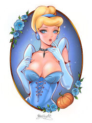 Rule 34 | 1girl, absurdres, blackfuryart, blonde hair, blue corset, blue eyes, blush, border, breasts, cinderella, cinderella (disney), cleavage, collar, corset, detached sleeves, disney, earrings, elbow gloves, eyelashes, finger to mouth, flower, gloves, hairband, highres, jewelry, large breasts, leaf, lips, lipstick, makeup, mascara, narrow waist, nose, open mouth, outside border, pendant, pendant choker, pinup (style), princess, puffy detached sleeves, puffy sleeves, red lips, signature, solo, studded collar, updo