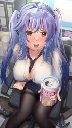 Rule 34 | 1girl, absurdres, alcohol, azur lane, beer, beer can, black pantyhose, black skirt, breasts, can, cup, drink can, essex (azur lane), essex (crossbones especial) (azur lane), hair ornament, highres, holding, holding cup, large breasts, long hair, looking at viewer, miniskirt, necktie, orange eyes, origami45554722, pantyhose, purple eyes, skirt, twintails