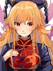 Rule 34 | 1girl, black shirt, blonde hair, blush, closed mouth, fingernails, fire, fushida, hand on own chest, highres, junko (touhou), junko day, long hair, long sleeves, looking at viewer, medium bangs, neck ribbon, one-hour drawing challenge, phoenix crown, pink fire, red eyes, red tabard, ribbon, shirt, sidelocks, smile, solo, tabard, touhou, upper body, white background, wide sleeves, yellow ribbon