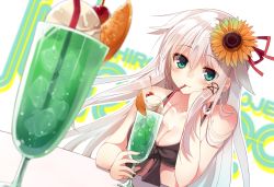 Rule 34 | 1girl, anceril sacred, bad id, bad pixiv id, blue eyes, blush, breasts, cleavage, crop top, drinking, drinking straw, flower, food, glass, hair flower, hair ornament, ice cream, long hair, looking at viewer, melon shooter, mishima kurone, original, smile, solo, white hair