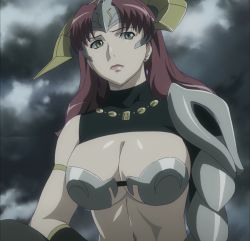 Rule 34 | 1girl, armor, breasts, claudette (queen&#039;s blade), cleavage, earrings, female focus, green eyes, highres, jewelry, large breasts, lipstick, long hair, makeup, metal bra, necklace, outdoors, queen&#039;s blade, red hair, sad, screencap, sky, solo, stitched, third-party edit, upper body