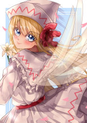 Rule 34 | 1girl, absurdres, blonde hair, blue background, blue eyes, blush, bow, closed mouth, cowboy shot, dress, fairy wings, flower, frilled shirt collar, frills, from behind, hair bow, highres, holding, holding flower, lily white, long hair, looking at viewer, looking back, mahoro (minase mahoro), petals, pointy hat, red bow, simple background, smile, solo, touhou, transparent wings, white dress, white flower, white headwear, wings