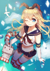 Rule 34 | 10s, 1girl, :3, ;), bad id, bad pixiv id, bird, blonde hair, blue eyes, blue skirt, blush, crop top, crop top overhang, elbow gloves, gloves, hairband, highres, kantai collection, lifebuoy, long hair, looking at viewer, midriff, miebao, navel, one eye closed, personification, rensouhou-chan, shimakaze (kancolle), skirt, smile, striped clothes, striped thighhighs, swim ring, thigh gap, thighhighs, white gloves, wink