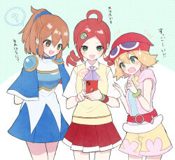 Rule 34 | 3girls, ?, ahoge, amitie (puyopuyo), andou ringo, apple inc., arle nadja, armor, ascot, belt, blonde hair, blue cape, blue skirt, breastplate, brown eyes, brown hair, cape, cellphone, drill hair, green bracelet, green eyes, holding, holding phone, hooded shirt, kashima miyako, looking at phone, multiple girls, open mouth, phone, pink shirt, purple ascot, puyo (puyopuyo), puyopuyo, puyopuyo 7, puyopuyo fever, red belt, red hair, red headwear, shirt, shorts, skirt, smartphone, sparkle, spoken question mark, spoken sound effect, sweater vest, translation request, twin drills, white shirt, yellow shorts, yellow sweater vest