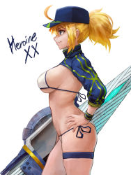 Rule 34 | 1girl, absurdres, ahoge, artoria pendragon (fate), baseball cap, bikini, blonde hair, blue eyes, blue hat, blue jacket, breasts, character name, cropped jacket, fate/grand order, fate (series), hair through headwear, hand on own hip, hat, highres, jacket, lance, large breasts, long hair, long sleeves, mysterious heroine x (fate), mysterious heroine xx (fate), polearm, ponytail, shrug (clothing), sidelocks, smile, solo, sterben, swimsuit, thighs, twinmyniad (fate), weapon, white bikini, wristband