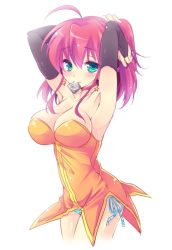 Rule 34 | 1girl, ahoge, alice wishheart, armpits, arms up, blush, breasts, bridal gauntlets, choker, condom, condom in mouth, cowboy shot, earrings, female focus, green eyes, jewelry, large breasts, looking at viewer, magical halloween, mouth hold, orange shirt, panties, pink hair, shirt, short hair, side-tie panties, sidelocks, solo, star (symbol), star earrings, striped clothes, striped panties, tokinon, underwear, white background