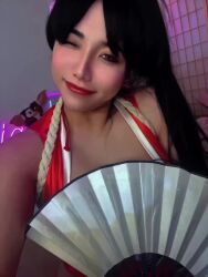 1girl animated ariacosplay black_hair breasts breasts_out cosplay fatal_fury female_focus grabbing_own_breast hand_fan holding holding_fan large_breasts long_hair looking_at_viewer nipples real_life shiranui_mai shiranui_mai_(cosplay) snk solo tagme the_king_of_fighters video