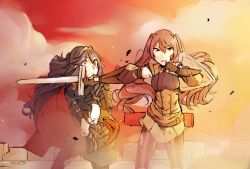 Rule 34 | 2girls, angry, blood, blood on face, blue eyes, blue hair, bruise, cape, fingerless gloves, fire emblem, fire emblem awakening, gloves, injury, long hair, lucina (fire emblem), multiple girls, nintendo, pants, protecting, red eyes, red hair, red sky, severa (fire emblem), shield, sky, sword, tiara, torn cape, torn clothes, torn pants, twintails, weapon, wide-eyed, wrist cuffs